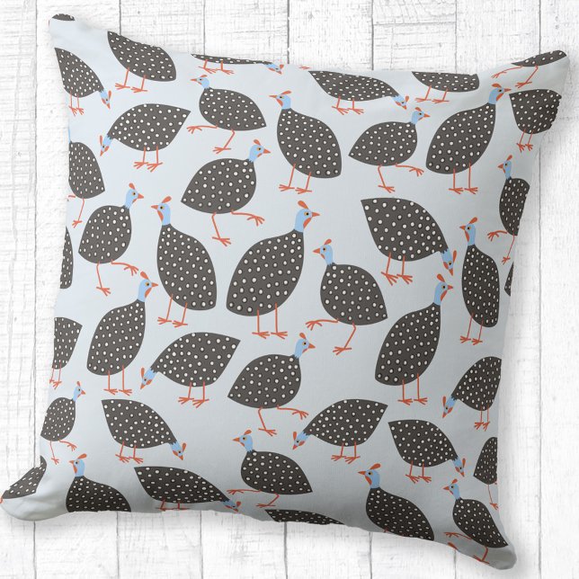 Coussin Pintade Mignonne Bleue (Guinea fowl pattern fun throw pillow for bird lovers)