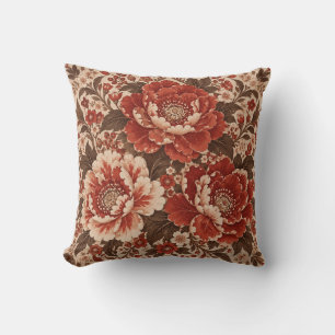 Coussin Pivoine Rouge Rouille Ornementale Fleur Crème