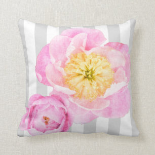 Coussin Pivoines et monogramme roses de rayures de gris