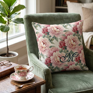 Coussin Pivoines Grandmillennial | Monogramme Crème Rose