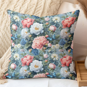 Coussin Pivoines Roses Cornflowers Papillon Vintage