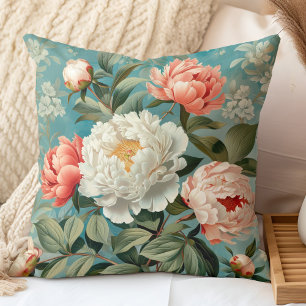 Coussin Pivoines Vintage Sarcelle et Corail