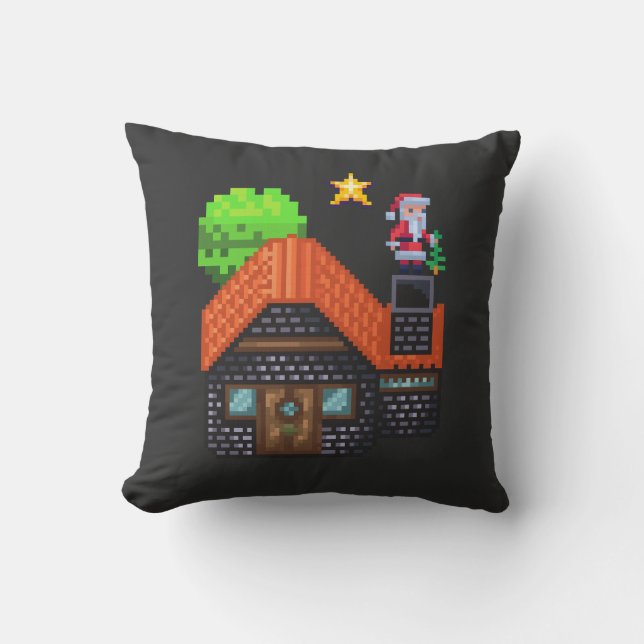 Coussin Pixel Art Père Noël sur le toit Maison de Noël (Recto)