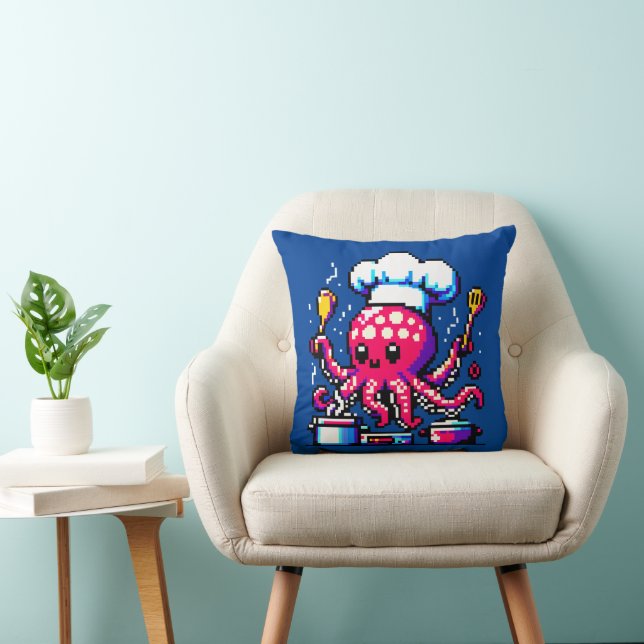 Coussin Pixel Octopus Chef Drôle Cuisine & Fruits de mer D (Chaise)