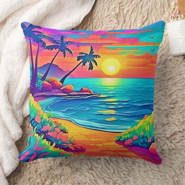 Coussin Plage de coucher de soleil tropicale (Couverture)