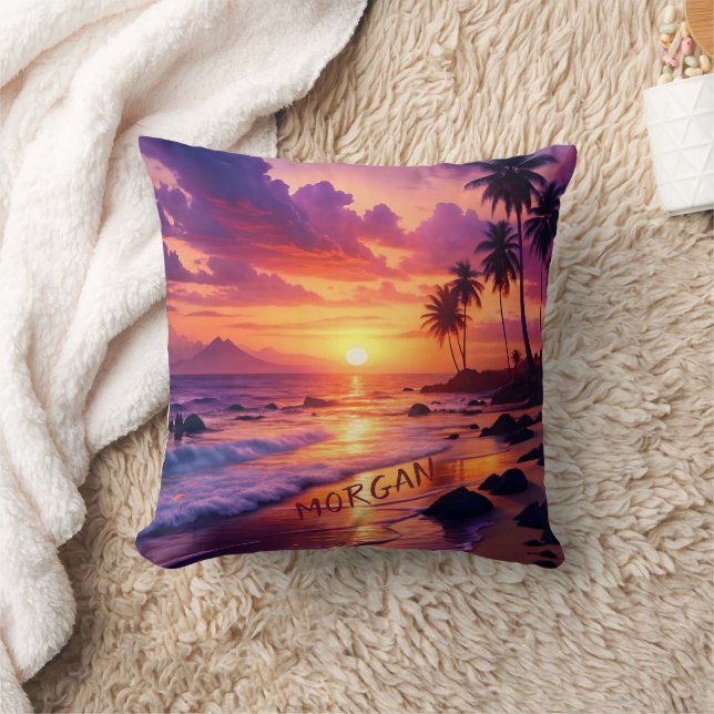 Coussin Plage de coucher de soleil tropicale customisée -  (Couverture)
