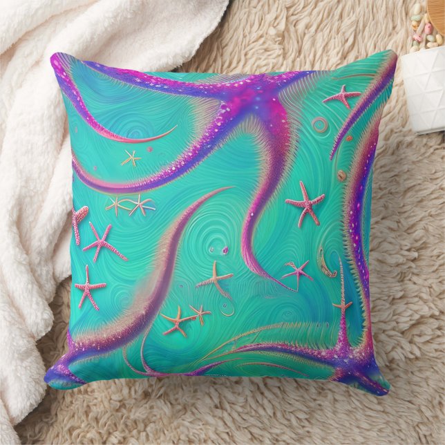 Coussin Plage de Starfish turquoise et violet à thème (Couverture)