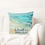 Coussin Plage Joyeux Lieu Aquarelle Océan Vagues Côtier<br><div class="desc">Ajoutez une ambiance de plage à votre maison avec ce confortable oreiller côtier en coton avec aquarelle tropicale turquoise et mousse de mer vagues de l'océan,  l'étoile de corail et "la plage est mon endroit heureux" typographie dans un bleu marine nautique. Art par KL Stock</div>