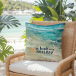 Coussin Plage Joyeux Lieu Aquarelle Océan Vagues Côtier<br><div class="desc">Ajoutez une ambiance de plage à votre maison avec ce confortable oreiller côtier en coton avec aquarelle tropicale turquoise et mousse de mer vagues de l'océan,  l'étoile de corail et "la plage est mon endroit heureux" typographie dans un bleu marine nautique. Art par KL Stock</div>