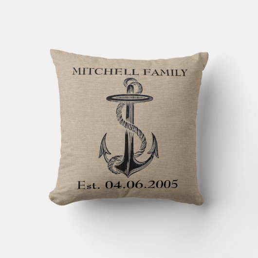 Coussin Plage rustique d'ancre de toile de jute de toile (Recto)