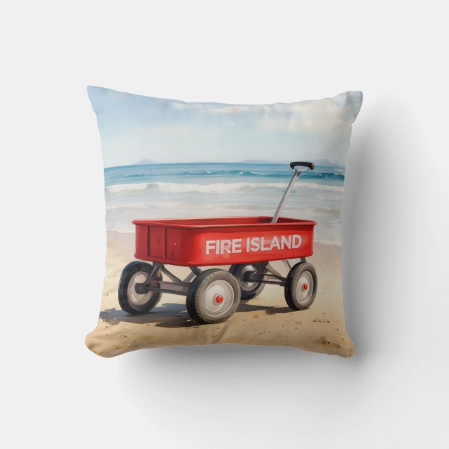 Coussin Plage sablonneuse de Fire Island avec wagon rouge  (Recto)