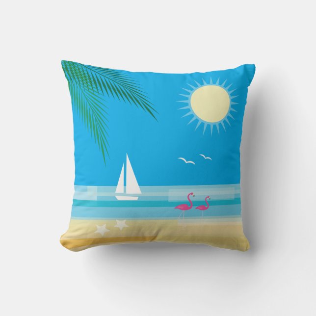 Coussin Plage tropicale avec Flamants roses sur Blue Sky (Recto)