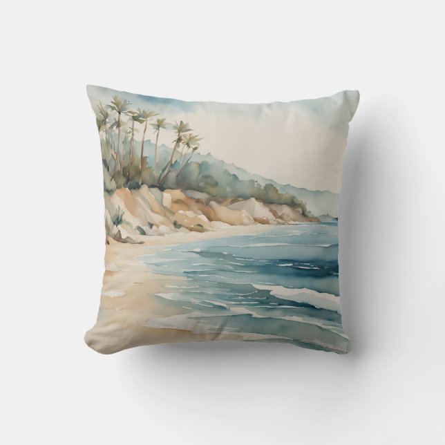 Coussin Plage tropicale Océan Vagues Bleu Beige Côte (Recto)
