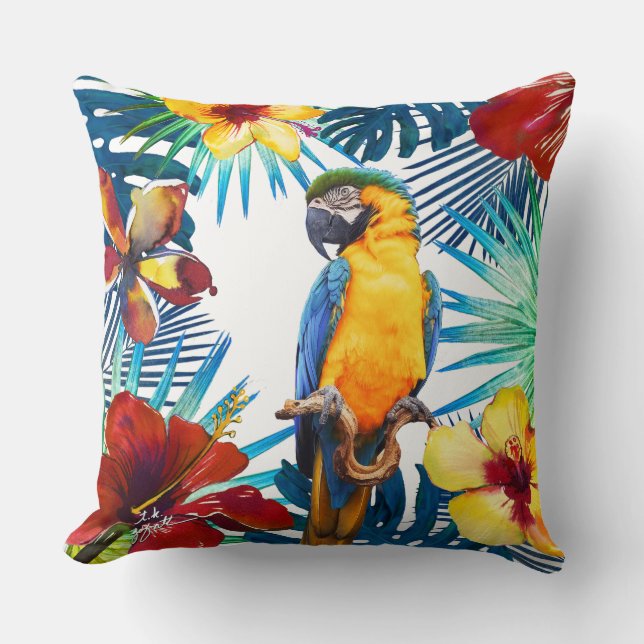 Coussin Plage Turquoise  de la flore rouge de Macaw Parrot (Recto)