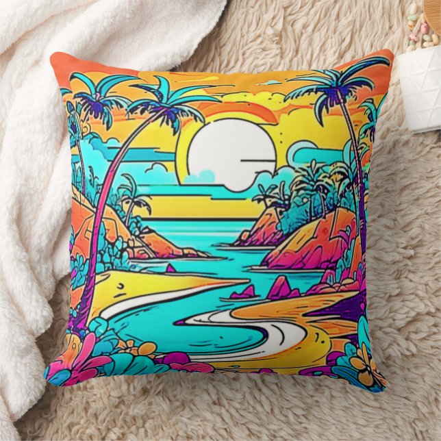 Coussin Plage Vibrante de Coucher de Soleil Tropical (Couverture)