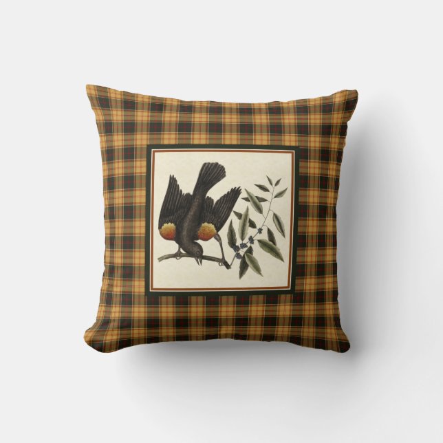 Coussin Plaid Automne Rustique avec Blackbirds Vintages (Recto)