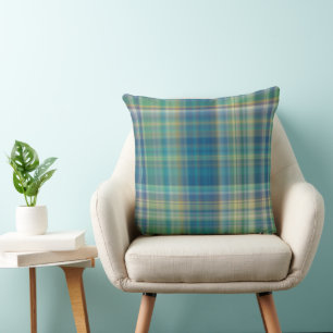 Coussin Plaid bleu, vert et jaune