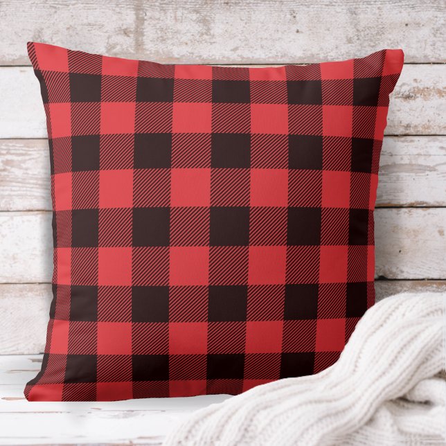 Coussin Plaid Cabine rustique rouge et noir de bisons (Rustic Red and Black Buffalo Plaid Throw Pillow)