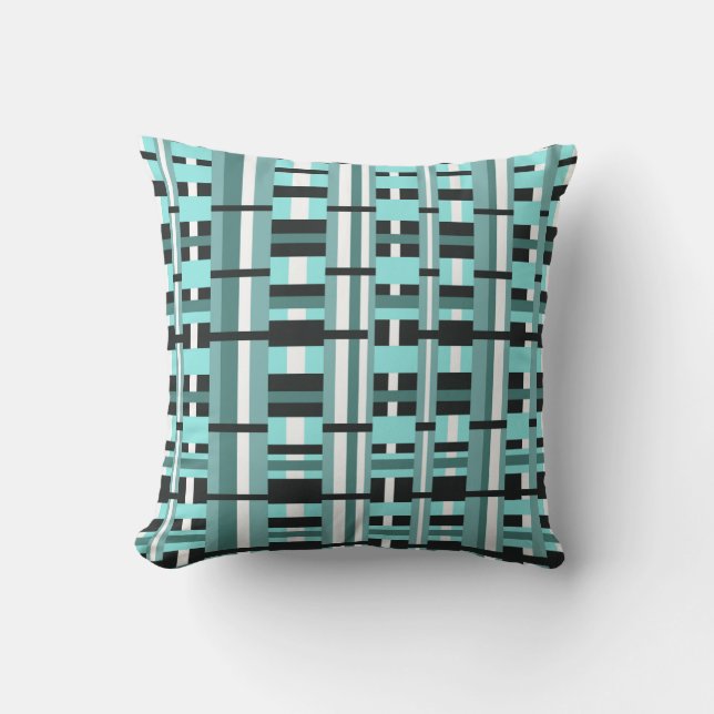 Coussin Plaid en Aqua, Turquoise, noir & blanc (Recto)