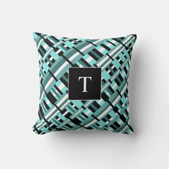 Coussin Plaid en Aqua, Turquoise, noir et blanc (Recto)
