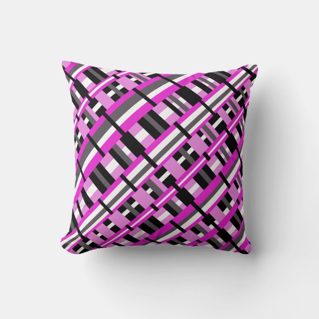 Coussin Plaid en diagonale rose, noir et gris (Recto)