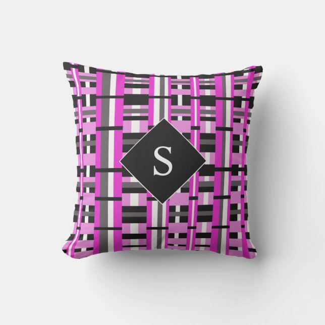 Coussin Plaid en rose, noir et gris monogramme (Recto)