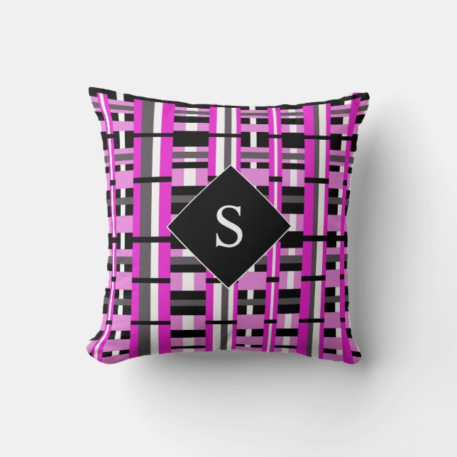 Coussin Plaid en rose, noir et gris monogramme (Recto)