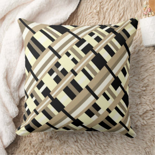 Coussin Plaid en Taupe, Tan, Noir, Diagonale blanche