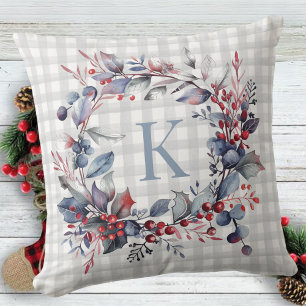 Coussin Plaid Grey Monogram Verdure Noël Wreath