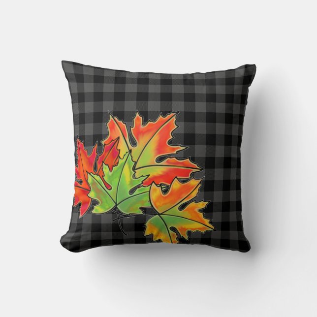 Coussin Plaid gris avec Feuilles d'érable d'automne (Recto)