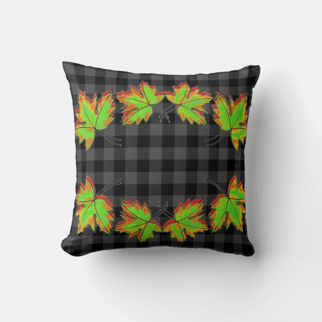 Coussin Plaid gris avec Feuilles d'érable d'automne (Recto)