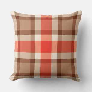 Coussin Plaid Mi-Siècle, Coral Orange, Brown & Tan