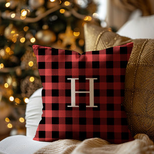 Coussin Plaid Monogramme Fêtes Rouge Noir Buffalo