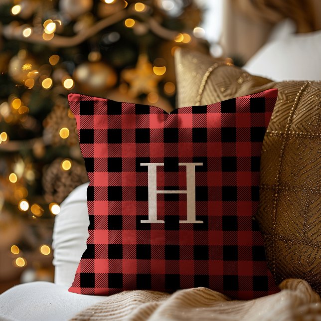 Coussin Plaid Monogramme Fêtes Rouge Noir Buffalo (Créateur téléchargé)