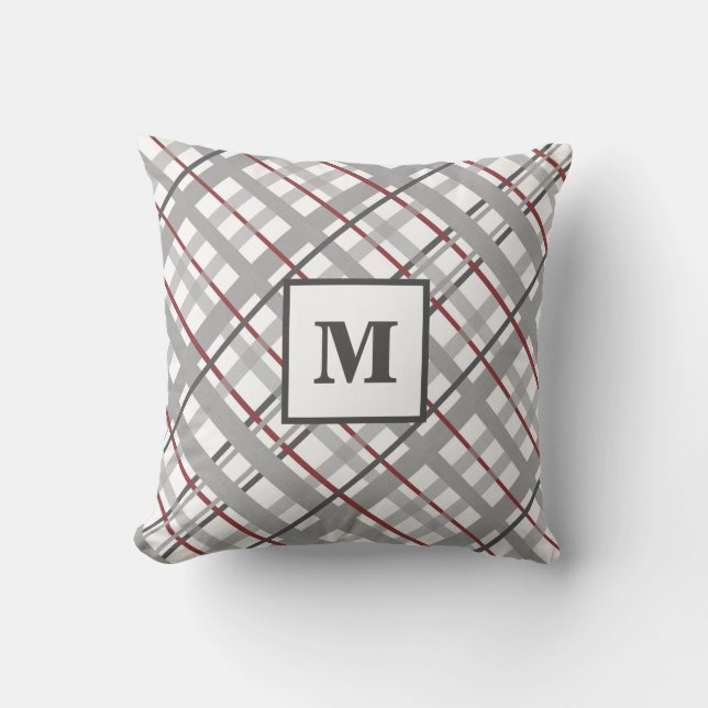Coussin Plaid Monogramme Rouge Gris Argent (Recto)
