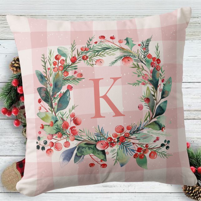 Coussin Plaid Pink Monogram Verdure couronne de Noël (Créateur téléchargé)