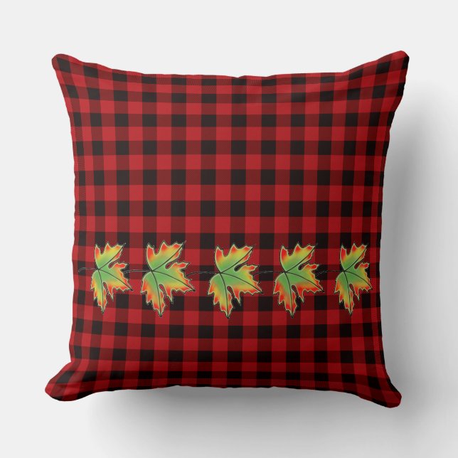 Coussin Plaid rouge avec Feuilles d'érable d'automne (Recto)