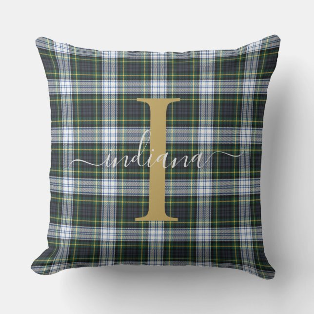 Coussin Plaid Tartan Monogramme Rustique Vert Anniversaire (Recto)