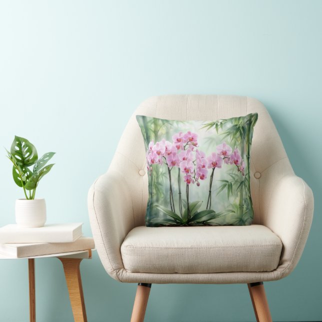 Coussin Plante d'orchidée rose sur fond de bambou (Chaise)