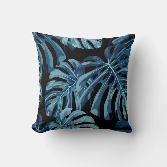 Coussin Plante Monstera : motif feuille bleu. (Recto)
