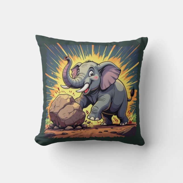 Coussin Playful Elephant Pushing a Rock – Fun Cartoon Anim (Recto)