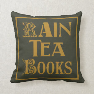 Coussin "Pluie, Thé, Livres", Vieux design anglais vintage