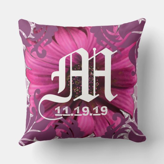 Coussin Plum Custom Gerber Daisy Monogram Mariage Date (Verso)