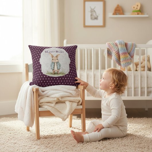 Coussin Plum Purple Polka Dot Bunny Name Accent Pillow