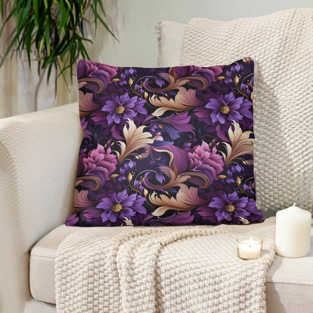 Coussin Plum violet mauve or Ornat baroque (Plum purple, mauve, baroque-style flowers and leaves luxury pillow)