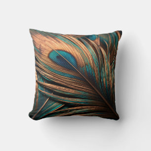 Coussin Plume de Paon Cuivre sarcelle Macro Luxe