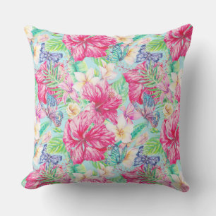 Coussin Plumeria Hibiscus Chinois Feuillage Papillons