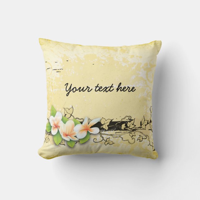 Coussin Plumeria vintage/frangipani et lierre jaune (Recto)
