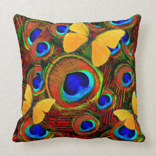 Coussin Plumes bleues de paon de papillons d'or