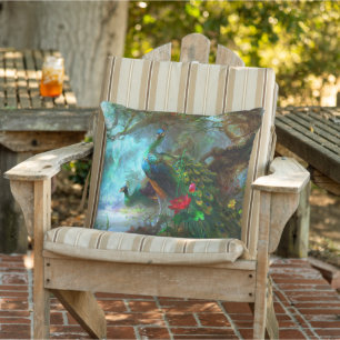 Coussin Plumes bleues vert Peacock Bird Flower Patio
